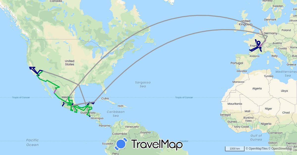 TravelMap itinerary: driving, bus, plane, train, hiking, boat, hitchhiking in Belize, Germany, France, Guatemala, Mexico, Netherlands, El Salvador, United States (Europe, North America)